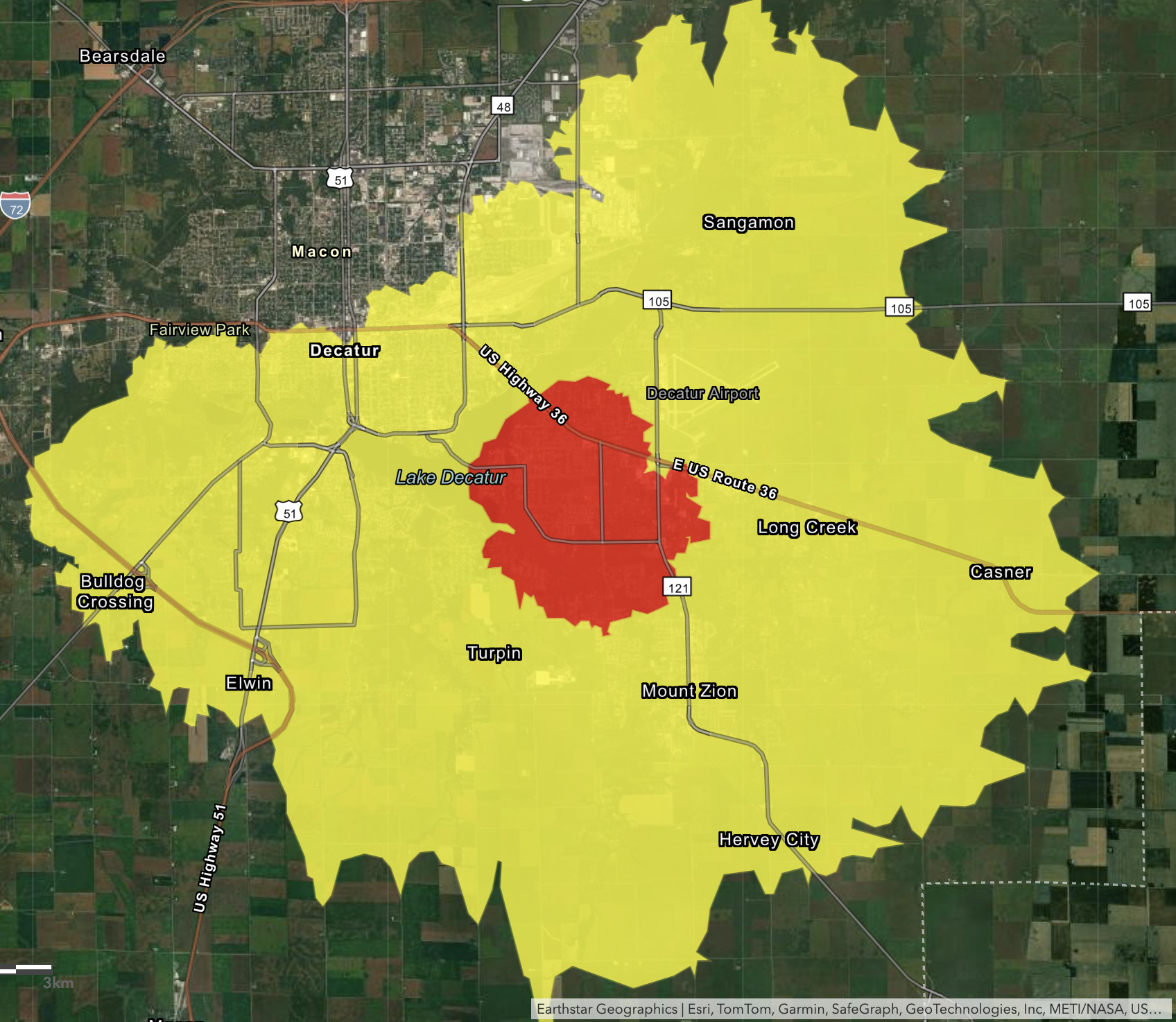 A map of the bee's habitat in Decatur, Illinois
